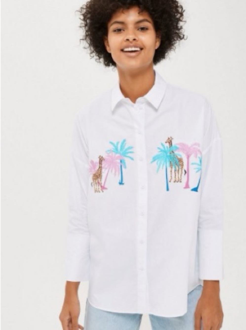 TOPSHOP Giraffe Embroidered Boxy Oversized Button Down Shirt